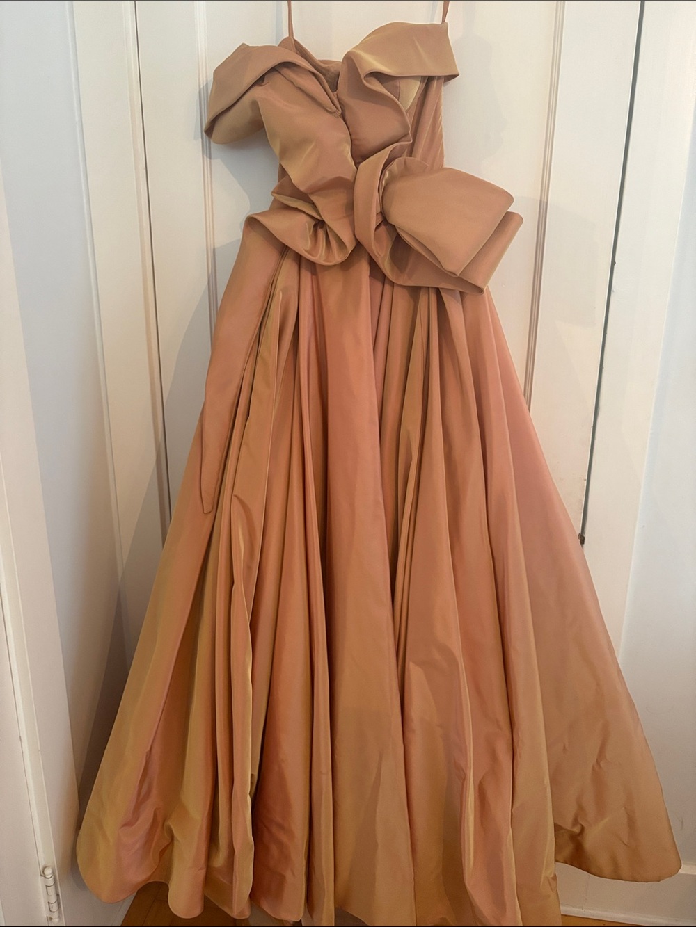Strapless Peach Evening Gown with Sculpted Bow Detail